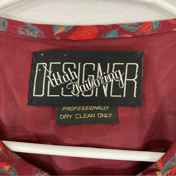 Vintage Red Burgundy Leaf Print Midi Dress size Large - Picture 2 of 9